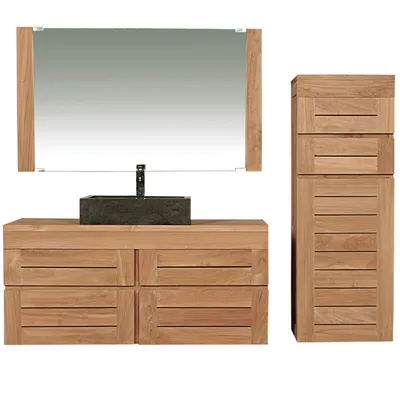 Image de Ensemble de meubles de salle de bain Teako Design Sunne en teck avec miroir 90 x 120 cm