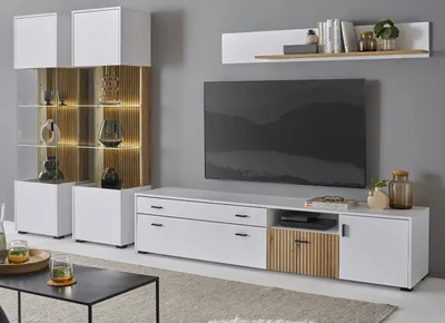 Produktbild von Wohnwand "Merced" Schrankwand weiß und Eiche 4-teilig 316 cm, mit Soft-Close und Staboptik