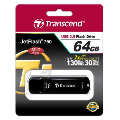 Produktbild von Transcend JetFlash 750, 64GB, 64 GB, USB Typ-A, 3.2 Gen 1 (3.1 Gen 1), 130 MB/s, Kappe, Schwarz