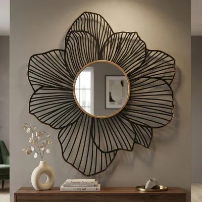 Zdjęcie produktu dla Lustro ścienne z metalu, czarne i złote 79x6x86,5 cm