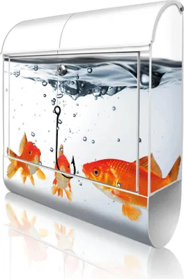 Produktbild von banjado Design Briefkasten Stahl weiß mit Zeitungsfach pulverbeschichtet "Fische" 38x46x12,5cm & 2 Schlüssel - Postkasten A4 Einwurf inkl. Montagematerial [BKW 10184]