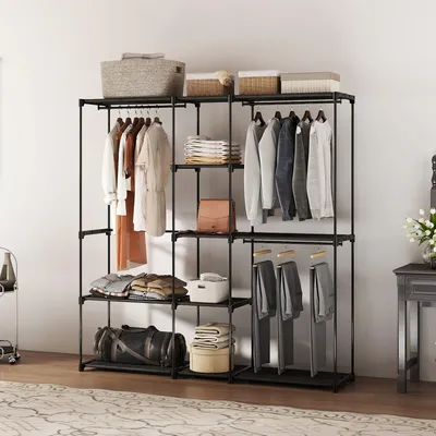 Produktbild von Offener Kleiderschrank mit Stoffbezug, 4 Ebenen Kleiderständer mit 2 Hängefächern, Schwarz | 182 x 43 x 185 cm | Vliesstoff | 4,3 kg