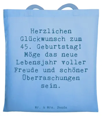 Produktbild von Mr. & Mrs. Panda Tote Bag Spruch 45. Geburtstag Freude - Sky Blue - Geschenk, Tasche, Geburtstagsgeschenk, 45 Jahre, Herzlichen Glückwunsch zum, Jubiläum, Happy Birthday