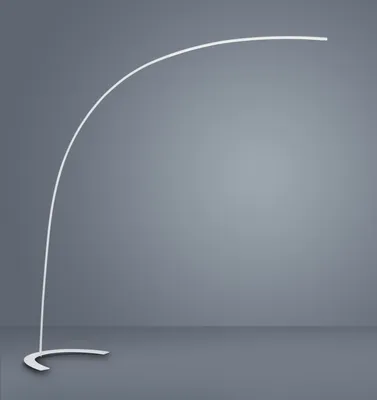 A white LED floor lamp with a curved arm and a circular base, set against a plain gray background.