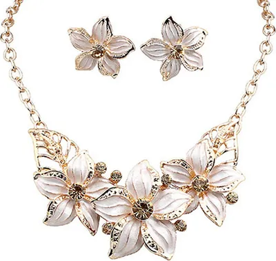 Produktbild von Mode Frauen Strass Blume Aussage Anhänger Halskette Ohrringe Schmuck-Set-Weiß
