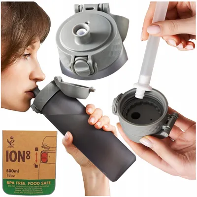 Produktbild von Ion8 Kinder Trinkflasche mit Strohhalm, 500ml, Grau