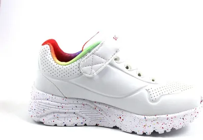 A white sneaker with rainbow accents and speckled sole, isolated on a white background.