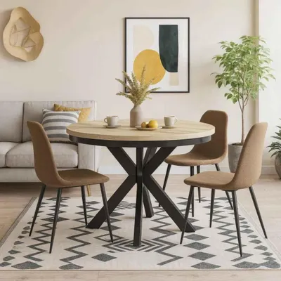 Produktbild von BEAUTYSOFA | Runder Esstisch BILBAO Ø 100–180 cm ausziehbar – Moderne Metallbeine, runder Küchentisch & Esszimmertisch in Schwarz/Eiche Artisan