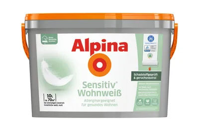 A bucket of Alpina paint is shown against a white background.
