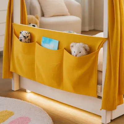 Produktbild von Alavya Home® Babybett Musselin Tasche Organizer Betttasche I Windeln Babybetttasche I Babybett Hängeorganizer Kinderzimmer I Bett Organizer zum Aufhängen von Windeln Kinder Spielzeug I Senfgelb