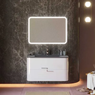 Immagine prodotto di Mobile bagno sospeso 100cm cassetti bianco lucido con lavabo nero | Hollywood
