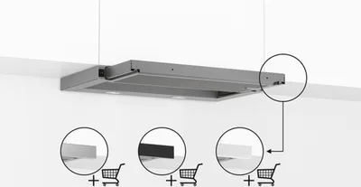 A kitchen hood mounted under a cabinet, with close-ups of different accent strips for it.