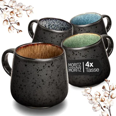 4er-Set Steingut-Tassen, farbenfroh, spülmaschinenfest, 0,3 l