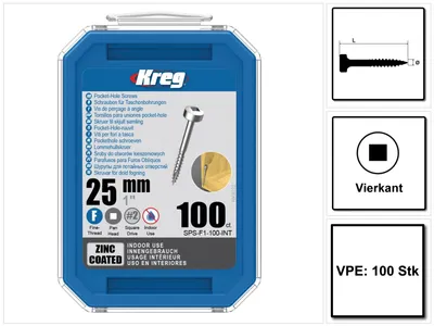 Productafbeelding van KREG Pocket-Hole cilinderkopschroef 25 mm 100 st. ( SPS-F1-100 ) Vierkantaandrijving Gedeeltelijke draad Fijne draad Zelftappend verzinkt