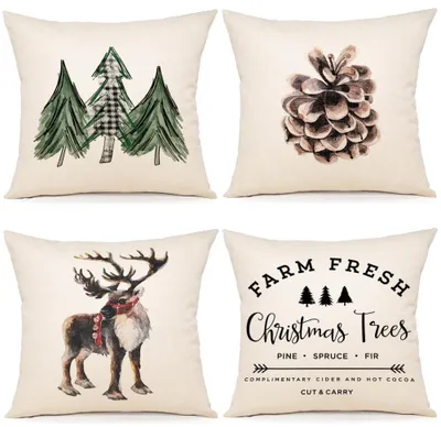 Produktbild von Set mit 4 weihnachtlichen Leinenkissenbezügen, 45x45 cm, für Sofa, Schlafzimmer und Sessel.