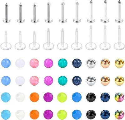 Zdjęcie produktu dla Zestaw do piercingu Unyqoos® 16G (1,2 mm) – stal chirurgiczna i akrylowe pręty do piercingu chrząstki/wargi/ust, dostępne długości: 4/5/6/8/10 mm, kulki o średnicy 3 mm, 18 prętów + 36 zapasowych kulek
