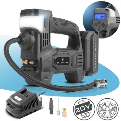 Produktbild von STAHLWERK Akku Druckluftkompressor ADK-20 ST|72 Watt Leistung |Elektrische Luftpumpe mit Digitalanzeige und Beleuchtung