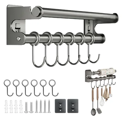 Küchenrollenhalter aus Kohlenstoffstahl, 30 cm, mit 6 Haken