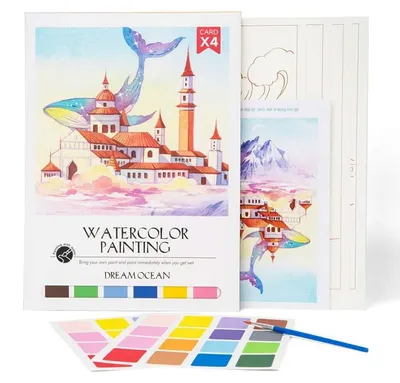 Image de Kit de peinture aquarelle Océan - 4 feuilles à motif - Kit DIY avec peintures & pinceau