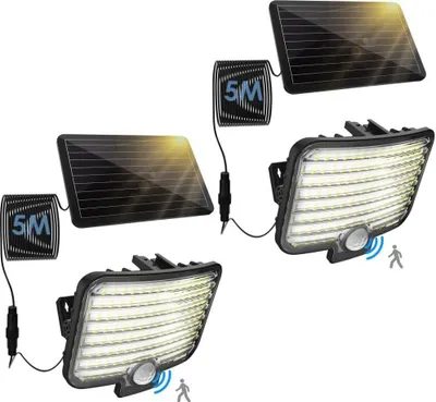 Two solar-powered outdoor lights with motion sensors and their separate solar panels, shown against a white background.