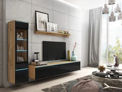 Produktbild von MIRJAN24 Wohnwand Vera I, Stilvoll Wohnzimmer-Set, TV-Schrank, Modern Mediawand (Wotan / Schwarz Hochglanz, mit Beleuchtung)