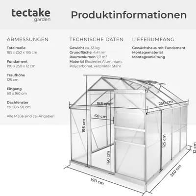 Produktbild von Gewächshaus mit Fundament 7,7 m³ 185 x 250 x 195 cm