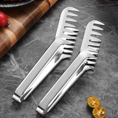 Obrázok produktu pre Dvojica servírovacích klieští na špagety, robustné oceľové servírovacie kliešte, 22 cm, strieborné.