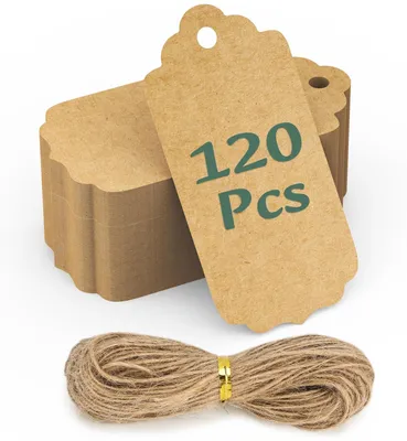 Produktbild von Geschenkanhänger Kraftpapier Etiketten Geschenketiketten - 5 x 10 cm - 120 Stück - Braun - Mit Jute-Schnur 30 m