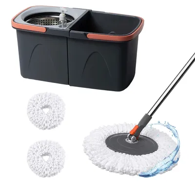 Productafbeelding van Relaxdays Wischmopset, 14 liter emmer en centrifuge, stapelbaar, afmetingen 25,5 x 26 x 48,5 cm, 2x driehoekige microvezel dweildoeken, grijs, AI-gegenereerde afbeelding