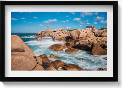 Produktbild von Wasser, Felsen und ein Leuchtturm– Wandbild mit Rahmen – Gerahmtes Bild  – Wanddekoration – 60x40 cm –  Schwarz Rahmen