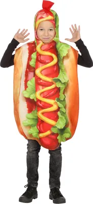 Produktbild von Kinder Hotdog Kostüm Einteiler mit Kapuze und realistischem Aufdruck Größe 128