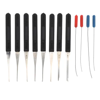 A set of lock picking tools arranged in a row against a white background.