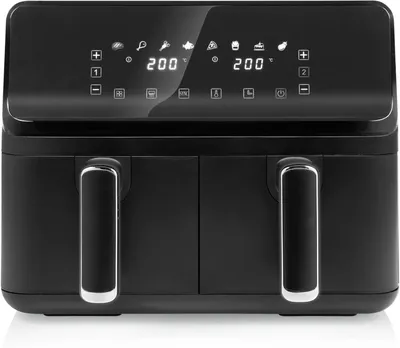 A black Tristar Double Basket Airfryer with a digital display and two handles is shown against a black background.