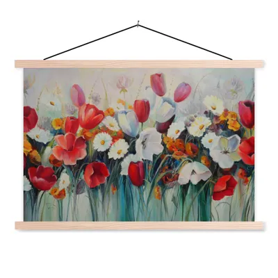 Produktbild von MuchoWow® Textilposter Malerei - Ölgemälde - Blumen 120x80 cm mit holzfarbenen Rahmen - Aufhängeset