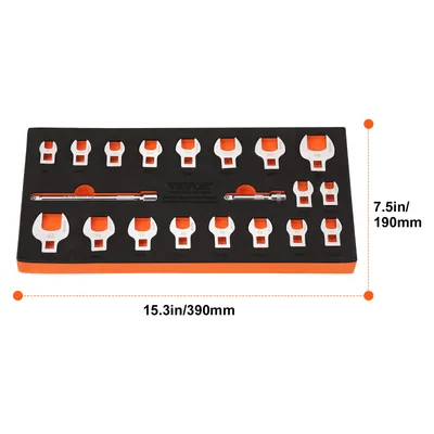 Image de Jeu de clés Crowfoot VEVOR, entraînement 3/8 pouces, jeu de clés Crowsfoot de 20 pièces avec 2 barres d'extension et organisateur d'outils EVA, SAE 3/8-7/8 pouces et métrique 10-22 mm, matériau 40CR