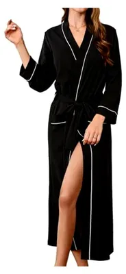 Produktbild von Damen Bademantel 100% Baumwolle lang leicht weich hautfreundlich saugfähig atmungsaktiv mit Tasche Kimono Kragen Spa