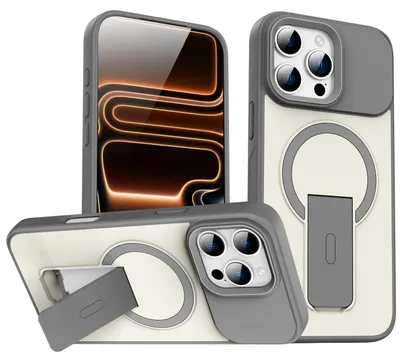 Produktbild von Magnet Ständer Hülle für iPhone 16 Pro, Kompatibel mit MagSafe, Matt Rückseite Stoßfeste Handyhülle Grau