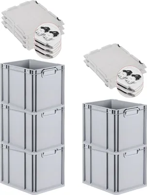 Produktbild von SuperSparSet 5x Eurobox NextGen Economy mit Scharnierdeckel und schwarzen Schiebeschnappverschlüssen | Griffe geschlossen | HxBxT 32x30x40cm | 30 Liter | Eurobehälter, Transportbox, Transportbehälter, Stapelbehälter