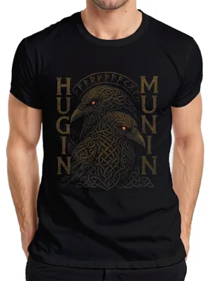 Produktbild von Nordische Raben Hugin Munin Wikinger Mythologie Runenkrieger Herren T-Shirt, Schwarz, 3XL