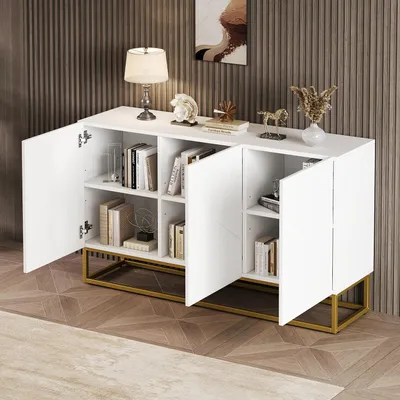 Produktbild von okwish Hochglanz-Aufbewahrungsschrank Beistellschrank mit 4 Fächern,Moderner Sideboard mit geometrischer 3D-Front,Metallgestell in Gold,Weiß
