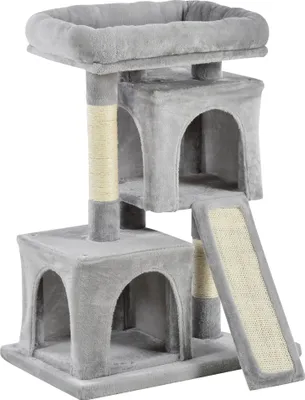 A multi-level cat tree with scratching posts and enclosed spaces, presented against a white background.