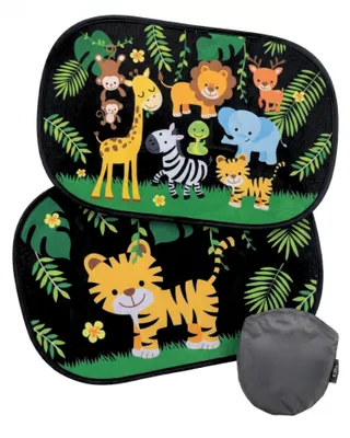 Obrázek produktu pro 2x HECKBO Sluneční clony do auta pro děti s motivem džungle | 8 přísavek, UV ochrana, skládací | 48 × 31 cm