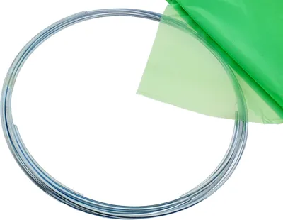 A silver hoop with a green fabric draped over it, on a white background.