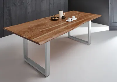Produktbild von Esstisch Baumkante massiv Akazie natur 240 x 100 U-Gestell silber MILO