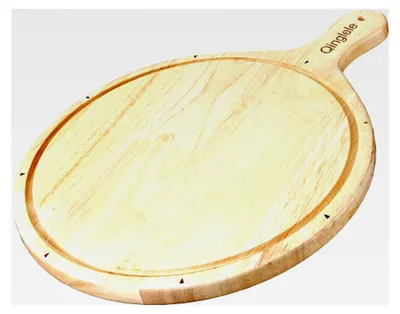 Produktbild von Pizzateller aus Holz, Pizzabrett aus Kautschukholz, rundes Pizza-Schneidebrett mit Griff, großes Pizza-Holzbrett für Pizzen mit 30,5 cm Durchmesser