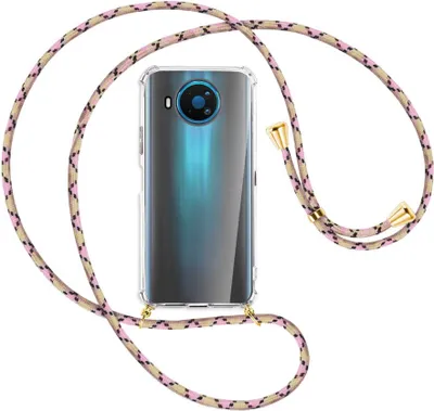 Produktbild von Handykette Backcover-Schutzhülle mit Band (Metall goldfarben) für Nokia 8.3 5G - rosa Karo