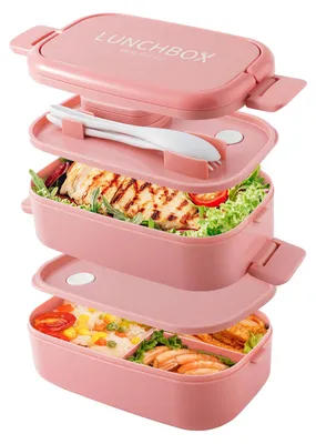 Produktbild von Stapelbare Bento-Lunchbox, 1400 ml Fassungsvermögen mit 4 Fächern und Besteck, auslaufsichere 2-stöckige Box, für Erwachsene, Kinder, Büro, mikrowellen- und spülmaschinenfest (Reinrosa)