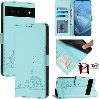 Produktbild von Leder Hülle für Google Pixel 6 Süße Katze Flip Case Brieftasche Schutzhülle mit Standfunktion hellgrün