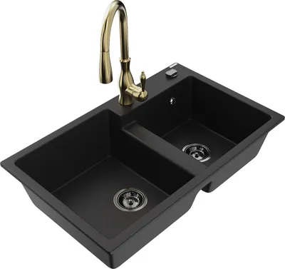 Produktbild von Mexen Tomas 2-Becken-Granitspüle mit Mischbatterie Savita, Schwarz - 6516-77-672601-50-B