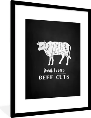 Produktbild von MuchoWow® Gerahmtes Poster Kuh - Küche - Fleisch 60x80 cm - Poster mit Schwarzem Bilderrahmen Wandposter Rahmen Foto Bilder - Wohnzimmer - Dekorationen - Prämie